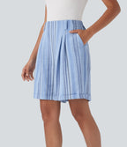 High Waisted Stripe Work Linen-Feel Bermuda Shorts with Pockets