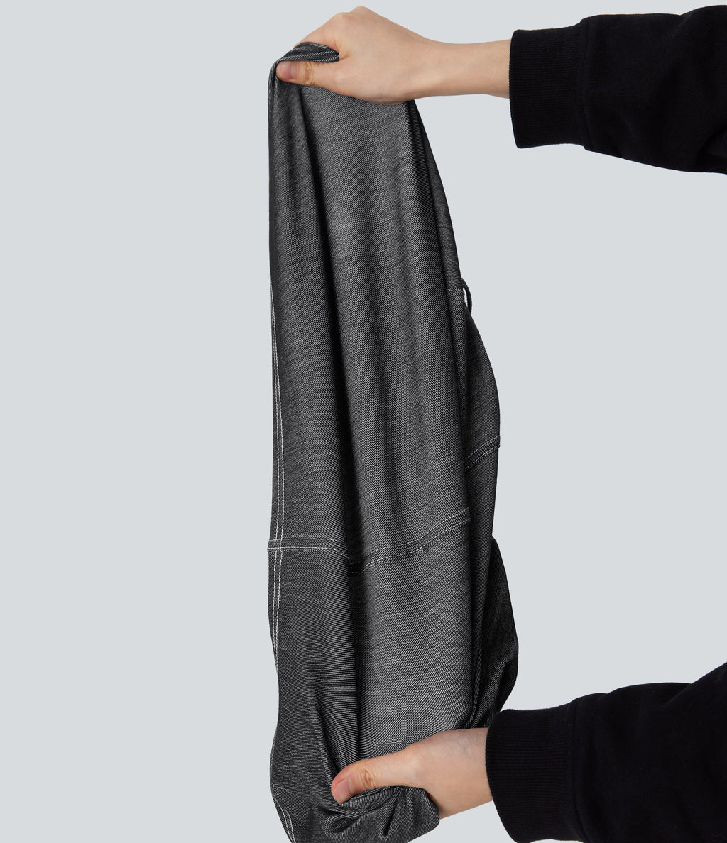 FlexTM High Waisted 2-in-1 Cool Touch Washed Stretchy Knit Denim Mini Tennis Skirt with Pockets