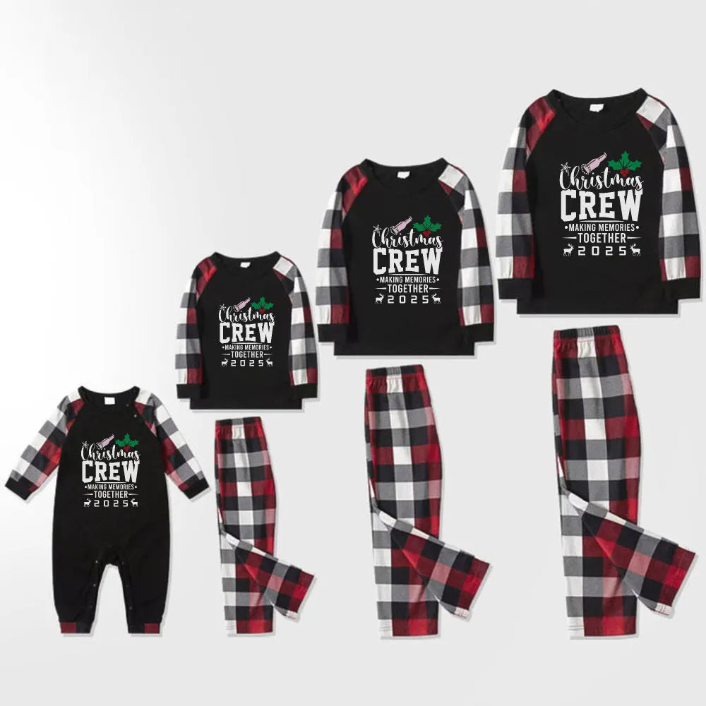 Christmas Family Matching Pajamas-Red and Gray Plaid Pjs set with “Christmas Crew” Artistic Font Print