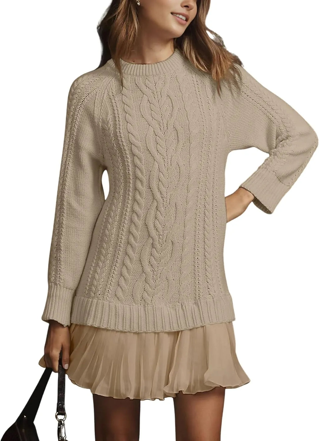 Women Cable Knit Sweater Dress Crewneck Long Sleeve Pleated Mini Dress Twofer Style Patchwork Dress