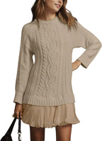Women Cable Knit Sweater Dress Crewneck Long Sleeve Pleated Mini Dress Twofer Style Patchwork Dress