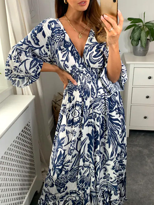 NEW🔥 V Neck Elastic Waist Printed Dress