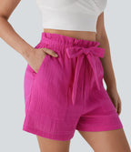 Paper Bag High Waisted Tie Front Casual Cotton Shorts with Pockets
