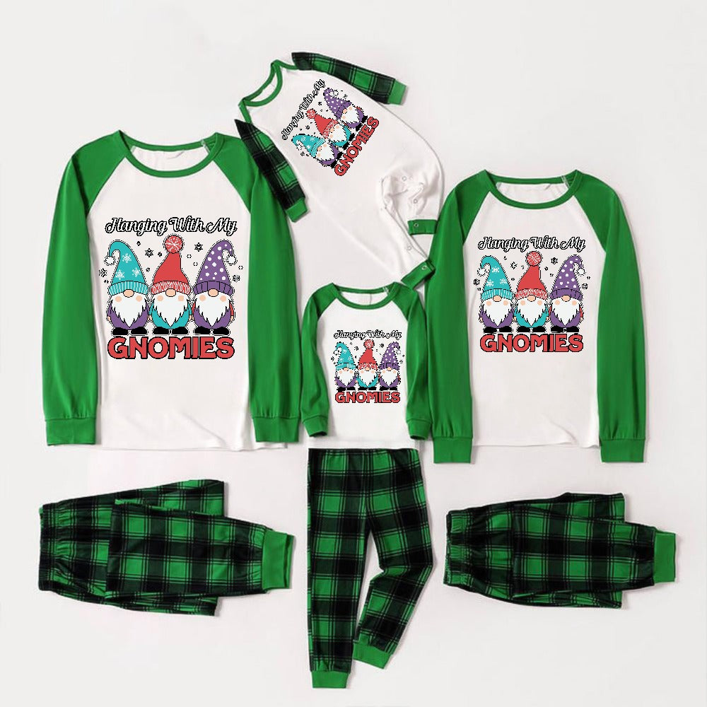 Green Raglan Top Green Plaid Christmas Pajamas Set With "Hanging With My GNOMIES" and Cute Gnomes Print
