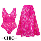 Rose Red Petal Print Hollow V Neck One-Piece Swimsuit&Skirt
