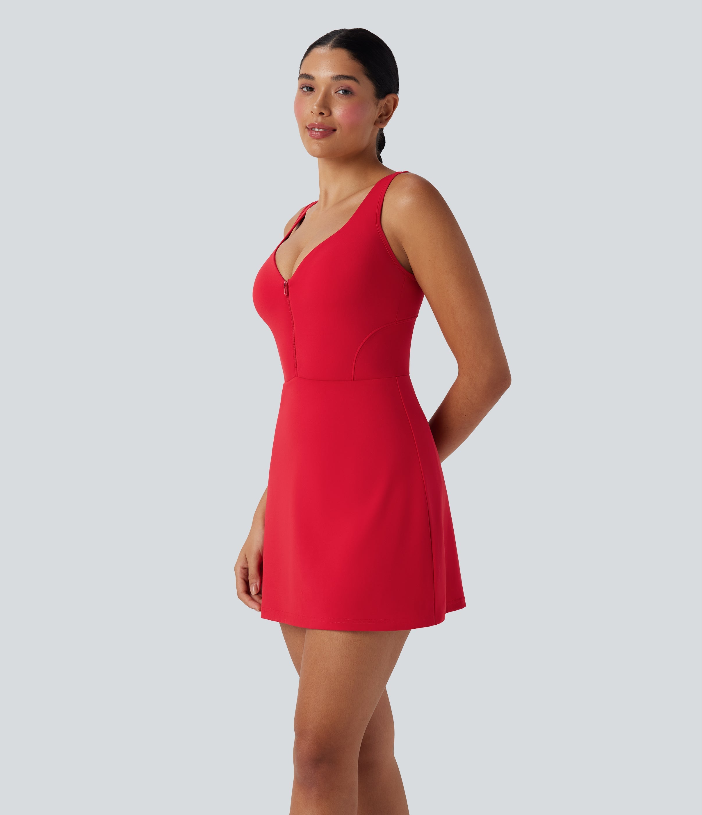 SoftlyZeroTM Plush Push-Up Molded Cups Zipper 2-in-1 Yoga Active Dress with Pockets-Easy Peezy