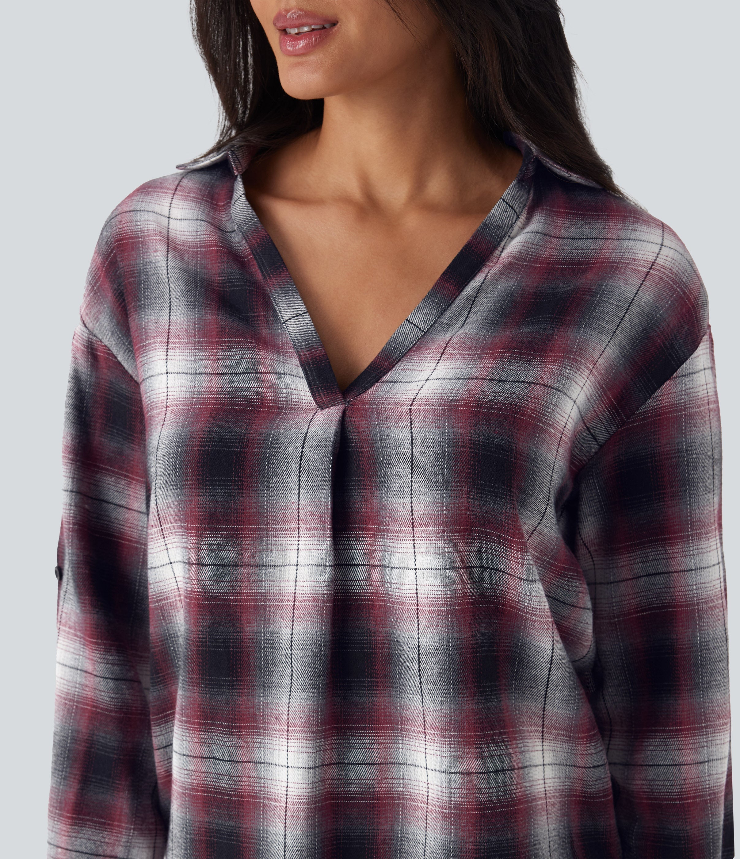 V Neck Curved Hem Plaid Casual Blouse