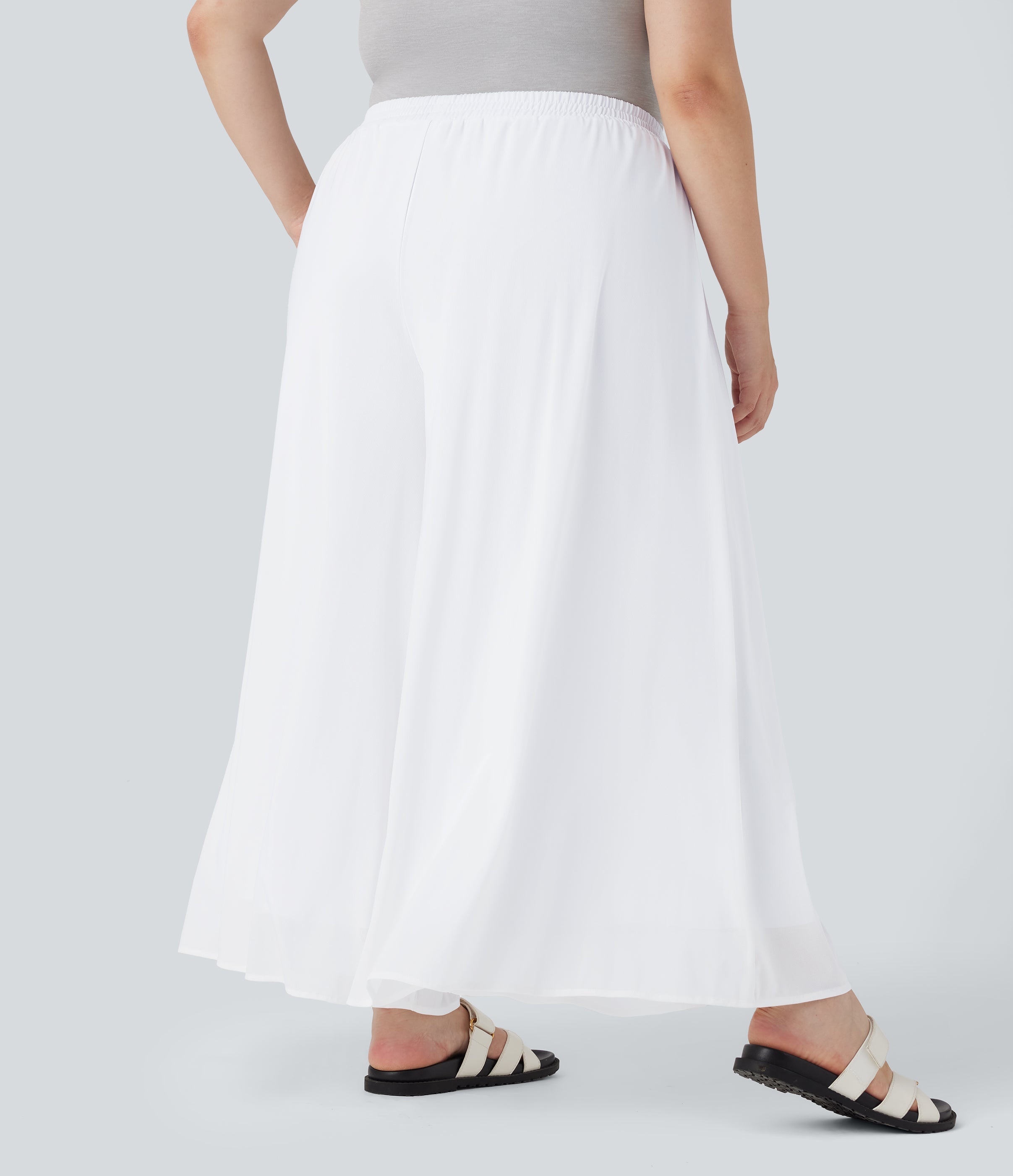 Plus Size High Waisted Mesh Overlay Wide Leg Casual Pants with Pockets