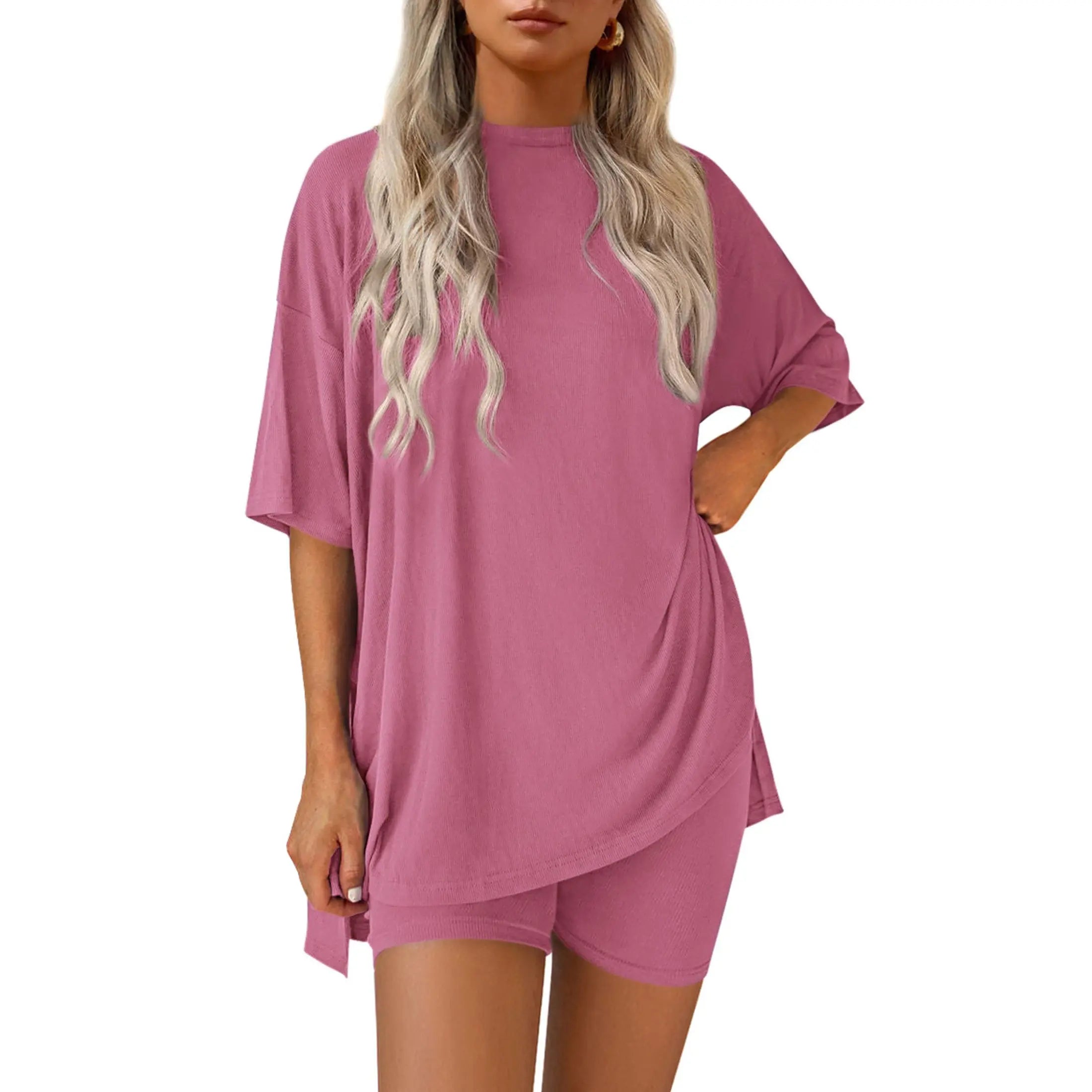 Women Summer  Casual Oversized  Split Hem Shirts & Side Pocket Biker Shorts
