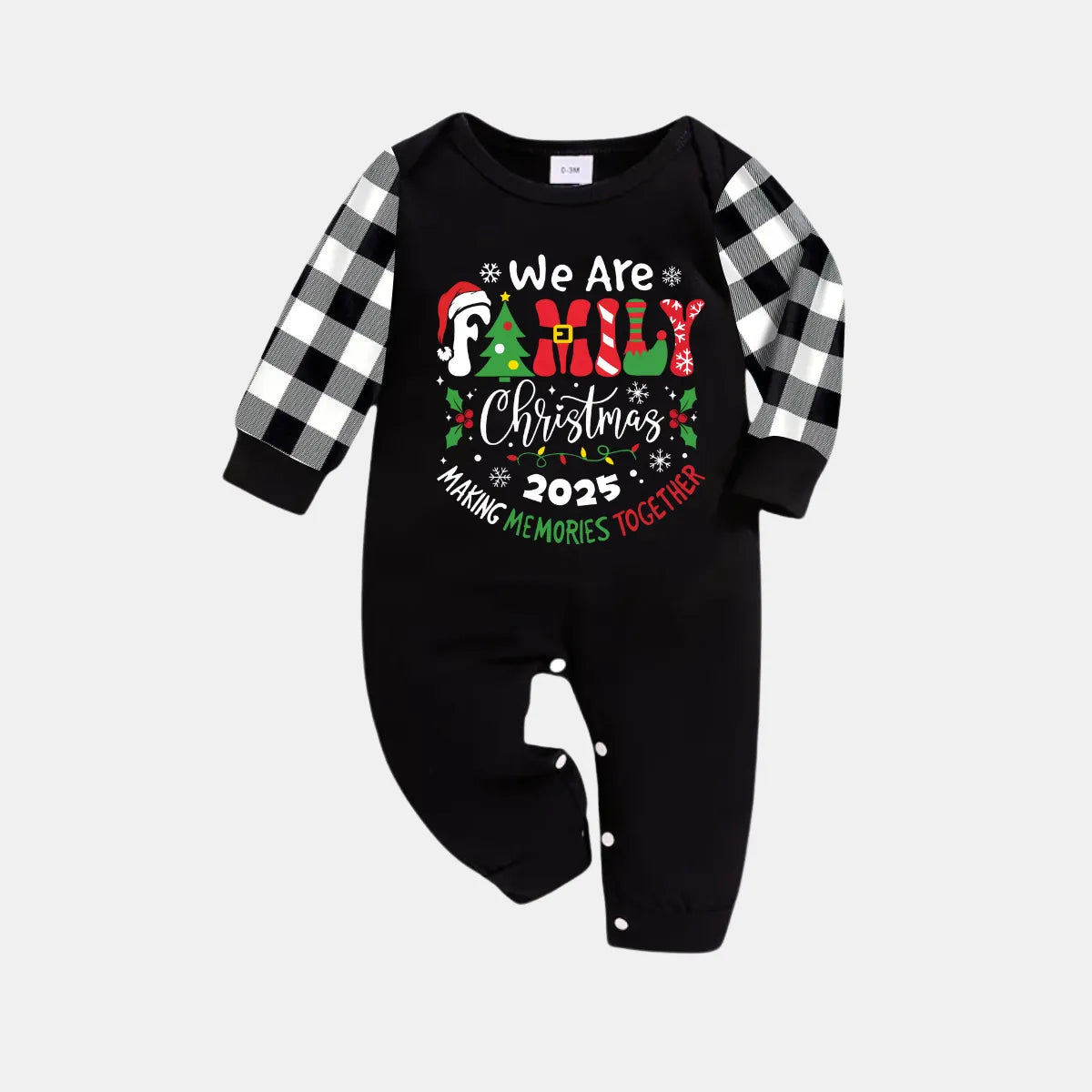 "We are Family 2025 Christmas Make Memories Together" Slogan Print Black Long Sleeve Top with Black And White Plaid Pants Family Matching Pajamas