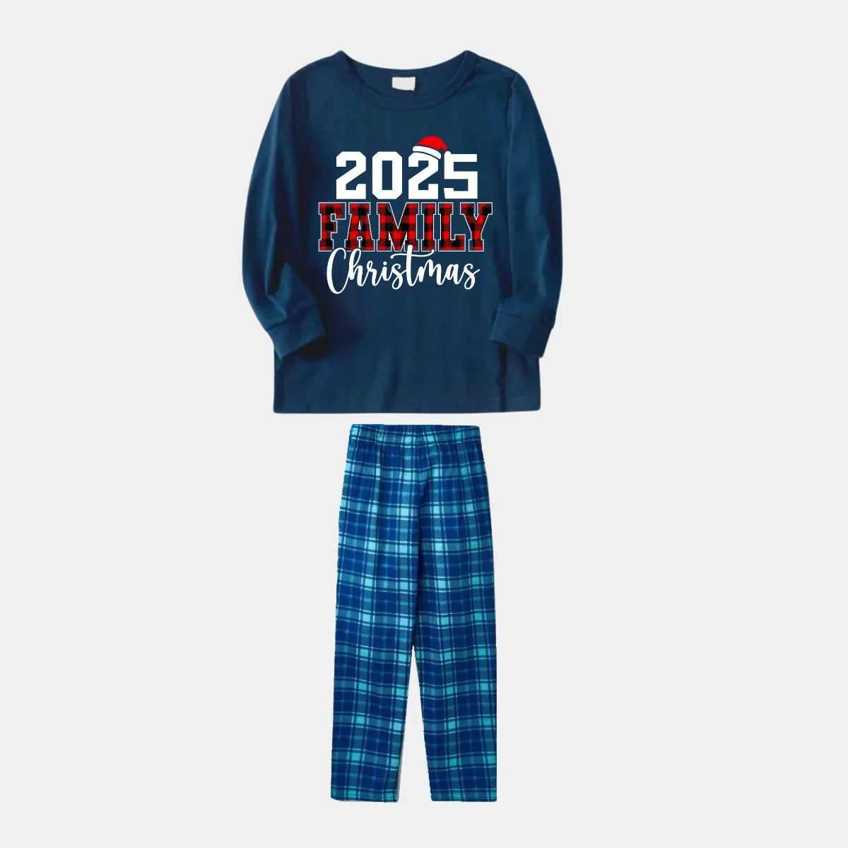 2025 Family Christmas Text Print Blue Long Sleeve Top With Blue Plaid Family Matching Pajamas