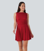 Boat Neck Sleeveless Ruched Flowy Mini Casual Dress