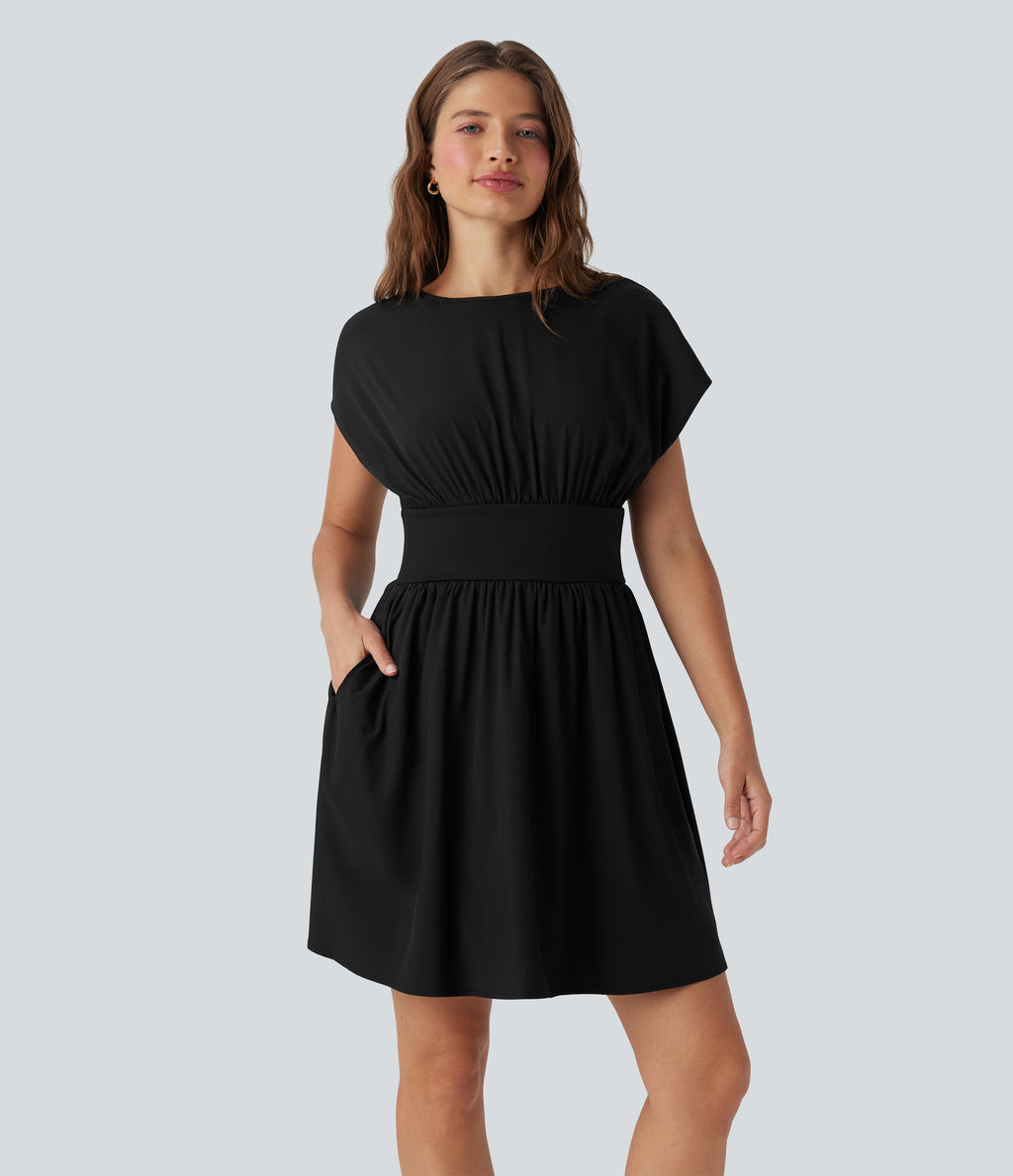 BreezefulTM Batwing Short Sleeve Flowy Quick Dry Mini Work Dress with Pockets