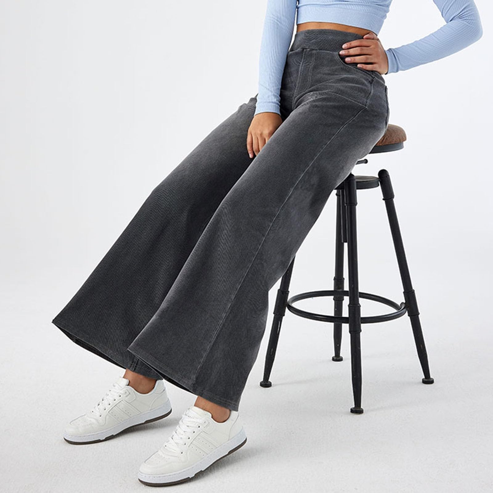 2026🔥 FlexTM High Waisted Multiple Pockets Baggy Wide Leg Washed Stretchy Knit Casual Jeans