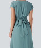 BreezefulTM V Neck Short Sleeve Pocket Tie Back Quick Dry Midi Casual Dress