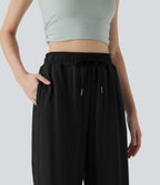 High Waisted Drawstring Curved Hem Straight Leg Yoga Pants with Pockets