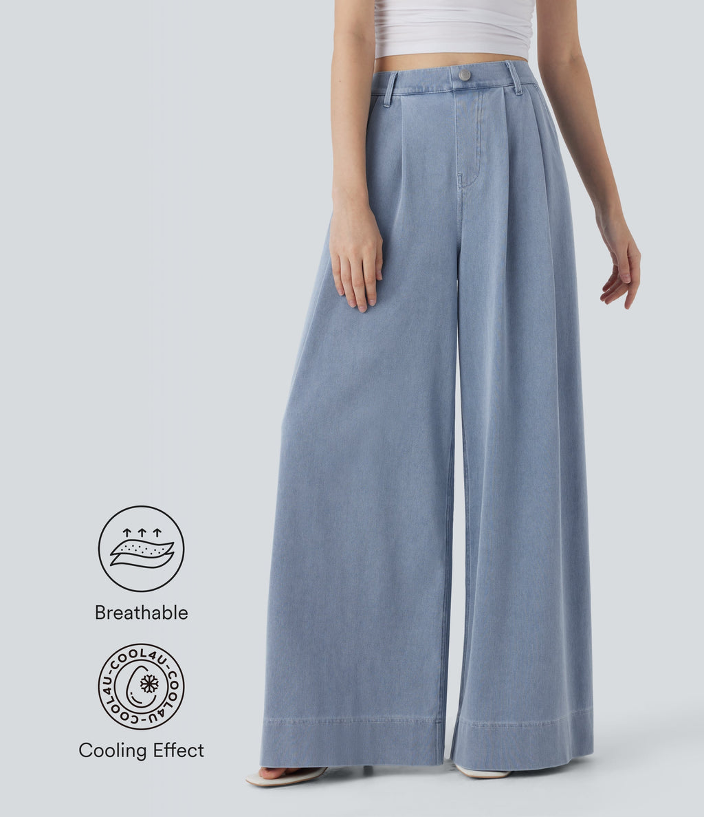FlexTM High Waisted Wide leg Cool Touch Quick Dry Denim Casual Jeans with Pockets