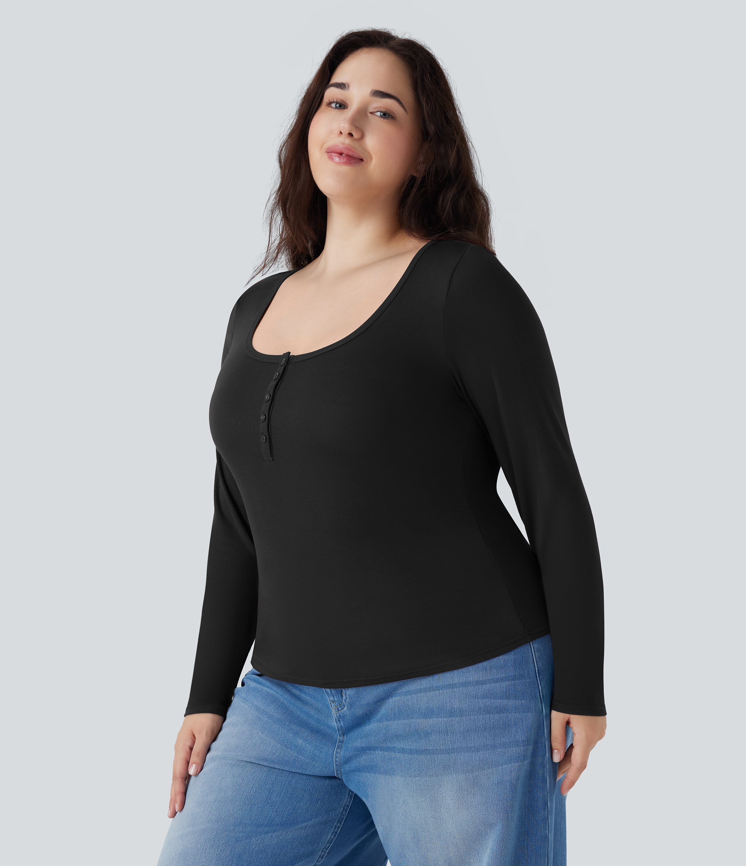 Plus Size Ribbed Henley Neck Long Sleeve Casual Top