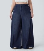 FlexTM High Waisted Pockets Washed Casual Wide Leg Plus Size Jeans