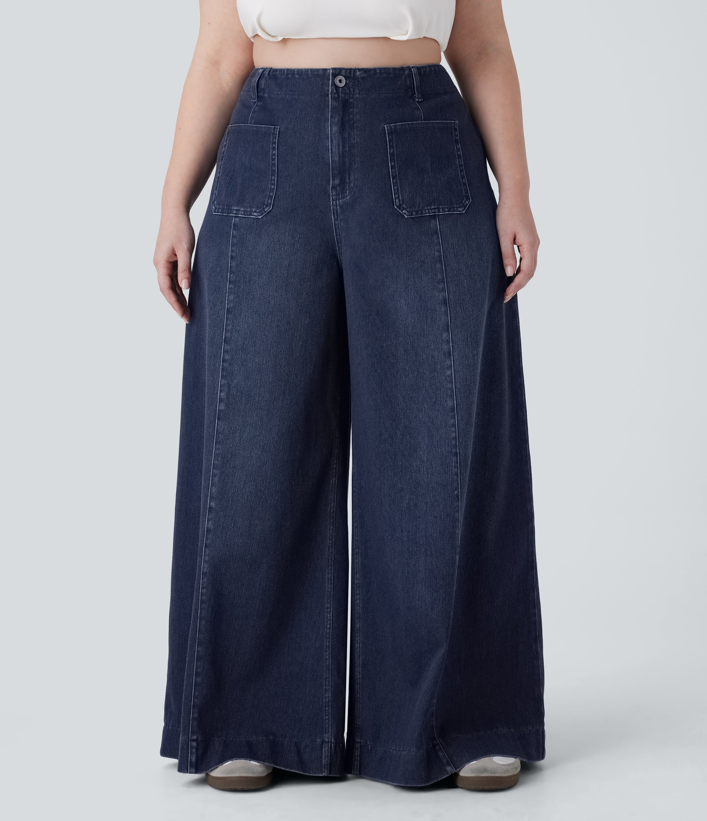 FlexTM High Waisted Pockets Washed Casual Wide Leg Plus Size Jeans