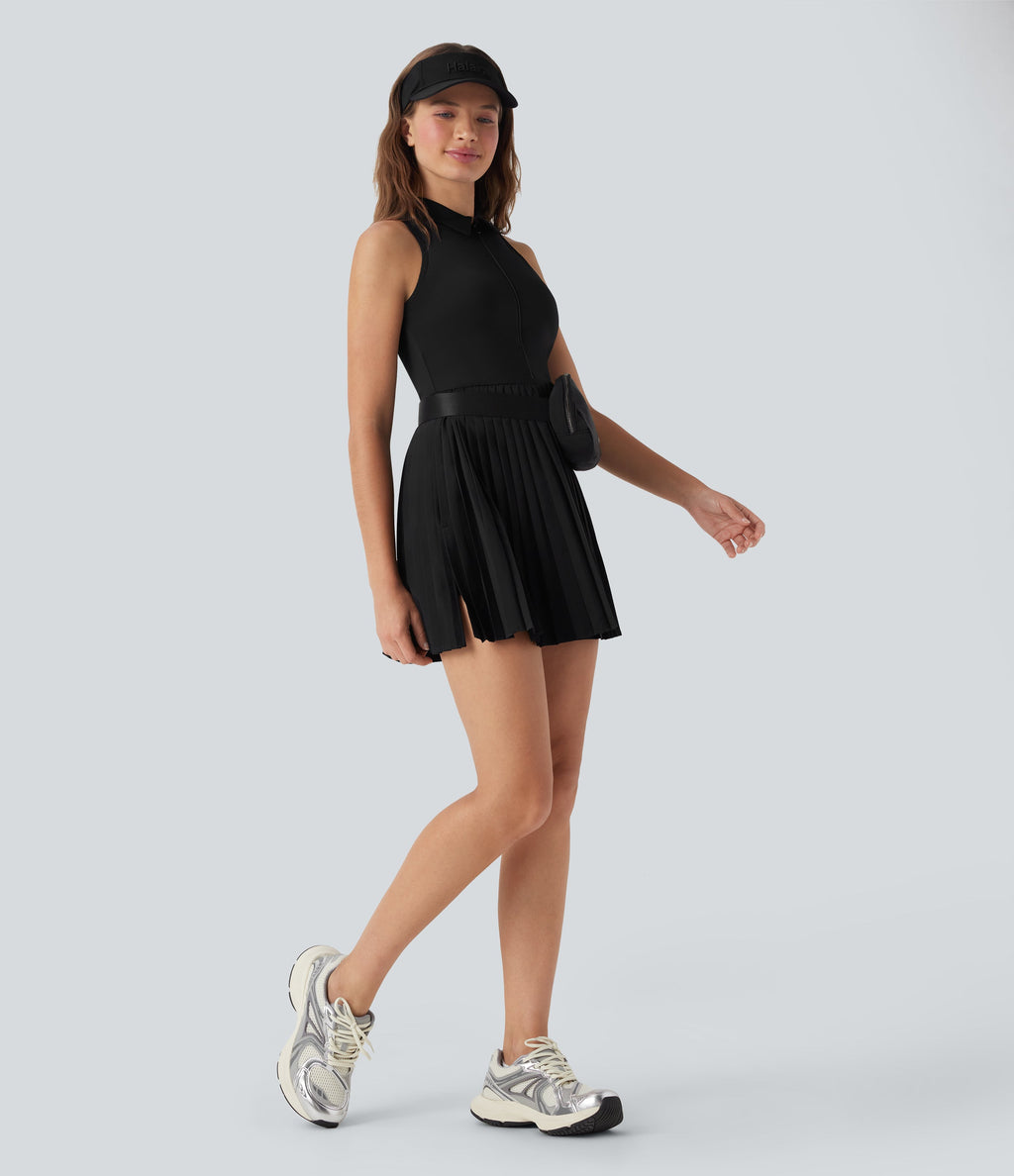 BreezefulTM Half Zipper Sleeveless 2-in-1 Pleated Hem Mini Quick Dry Tennis Active Dress with Pockets-Easy Peezy