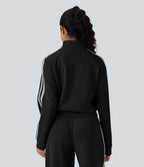 Ribbed Stand Collar Long Sleeve Zipper Color Block Casual Jacket with Pockets