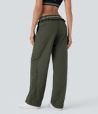 Low Rise Drawstring Ruffle Trim Dance Barrel Leg Pants with Pockets