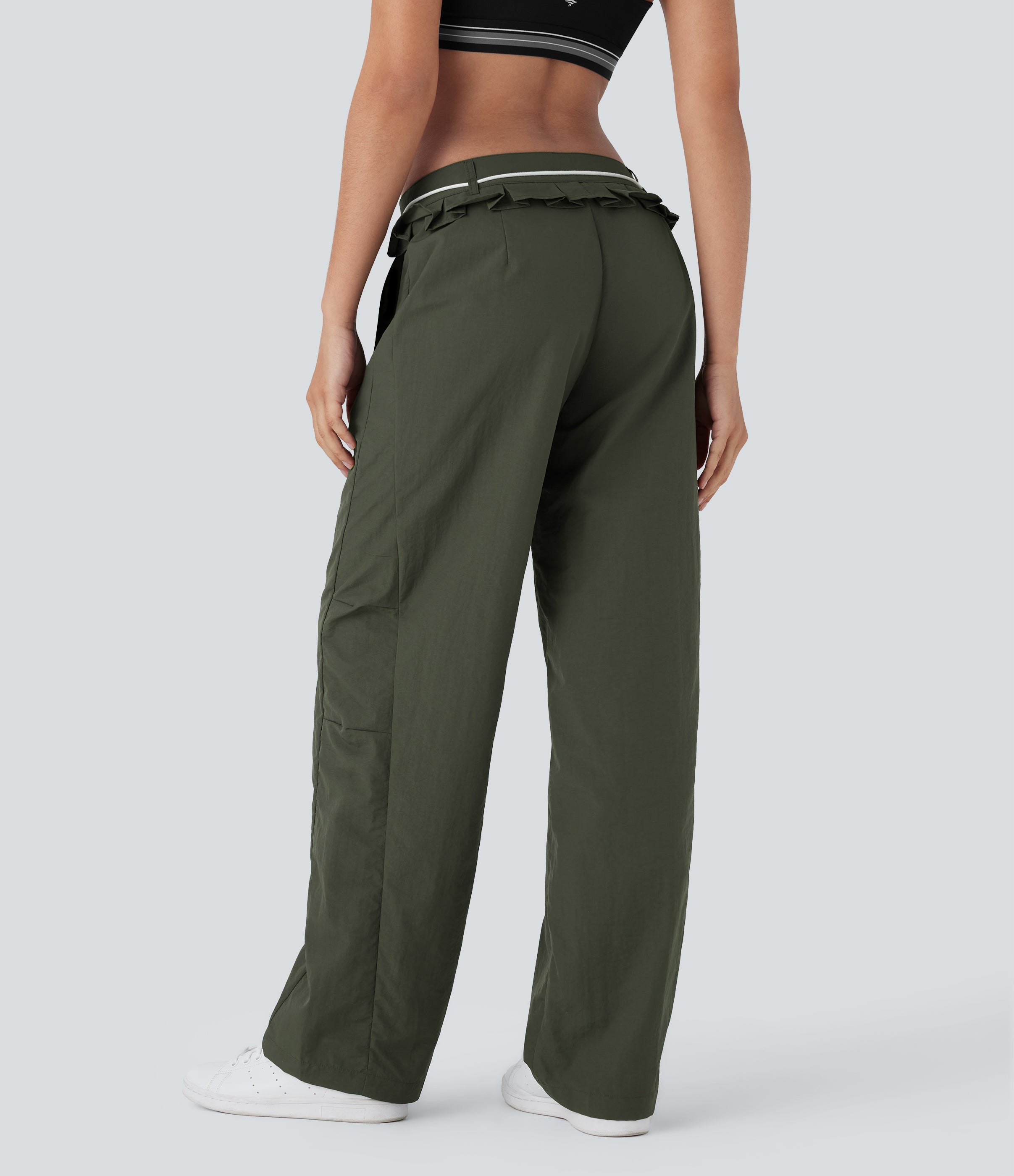 Low Rise Drawstring Ruffle Trim Dance Barrel Leg Pants with Pockets