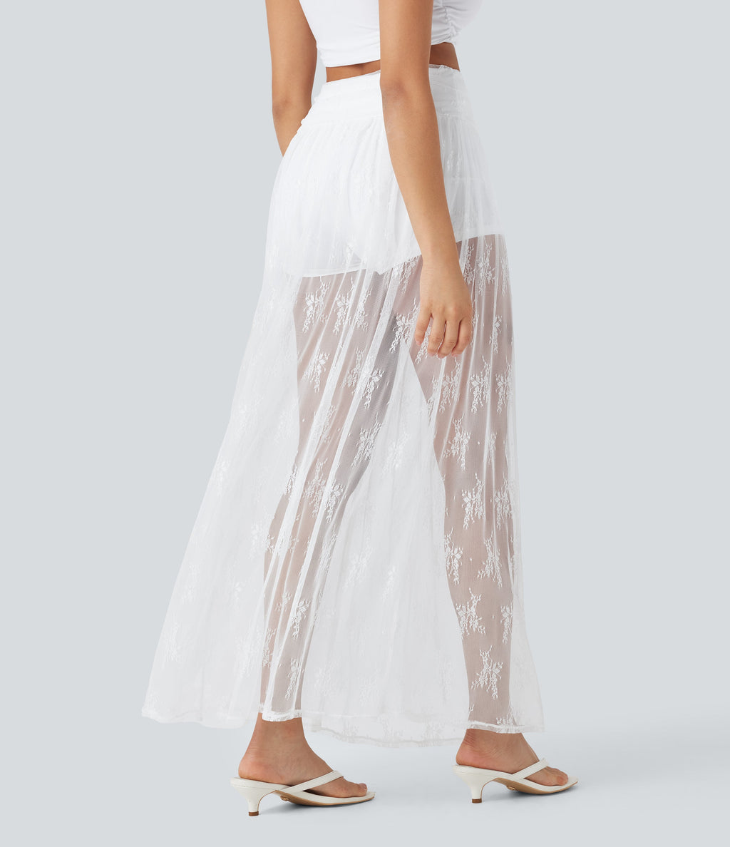 High Waisted 2-in-1 Lace Maxi Casual Skirt with Pocket