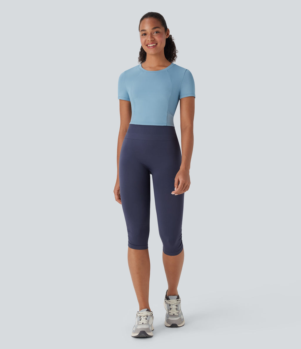 Round Neck Short Sleeve Contrast Mesh Cropped Yoga Sports Top