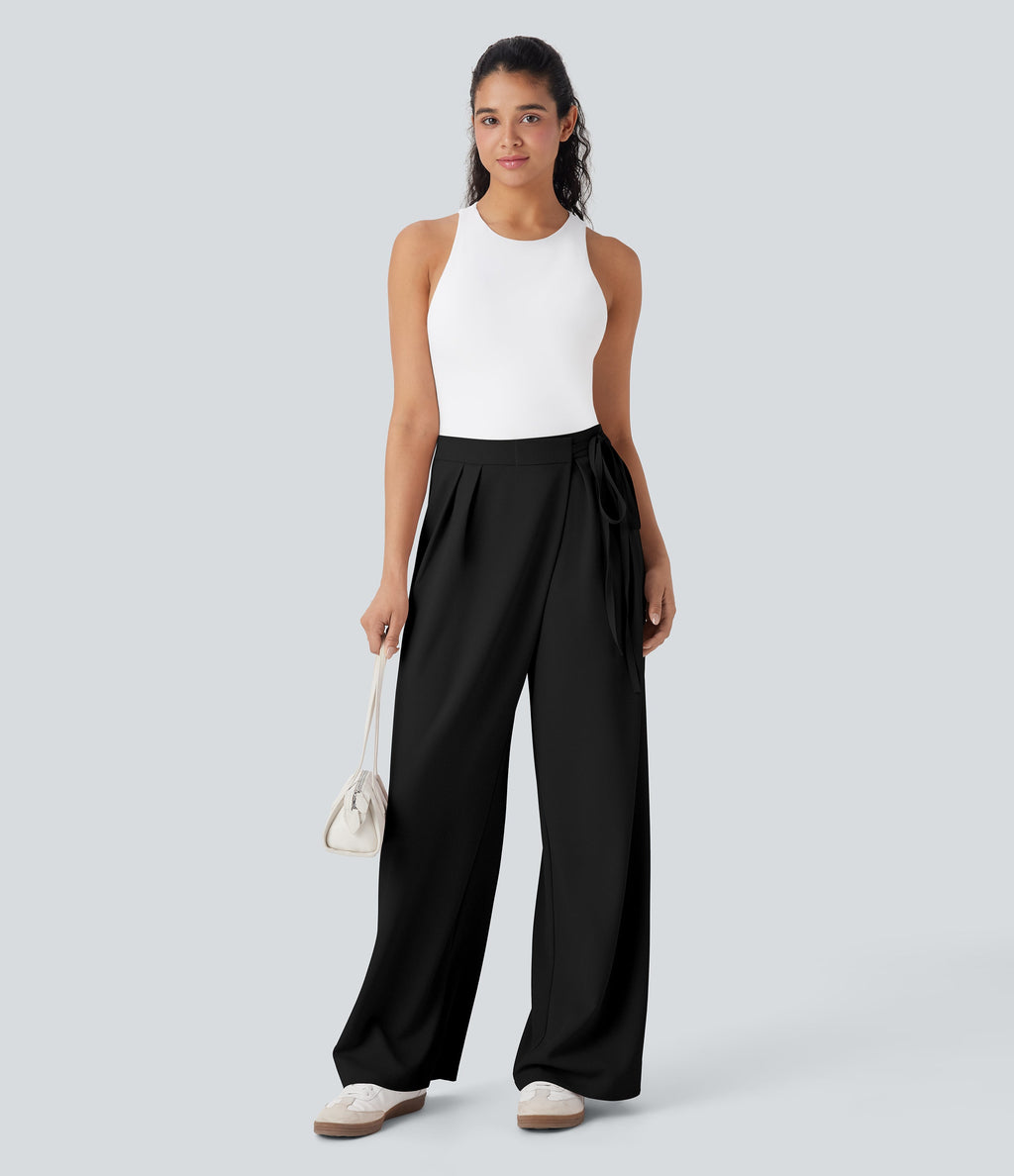 High Waisted Tie Side Wide Leg Work Pants with Pockets