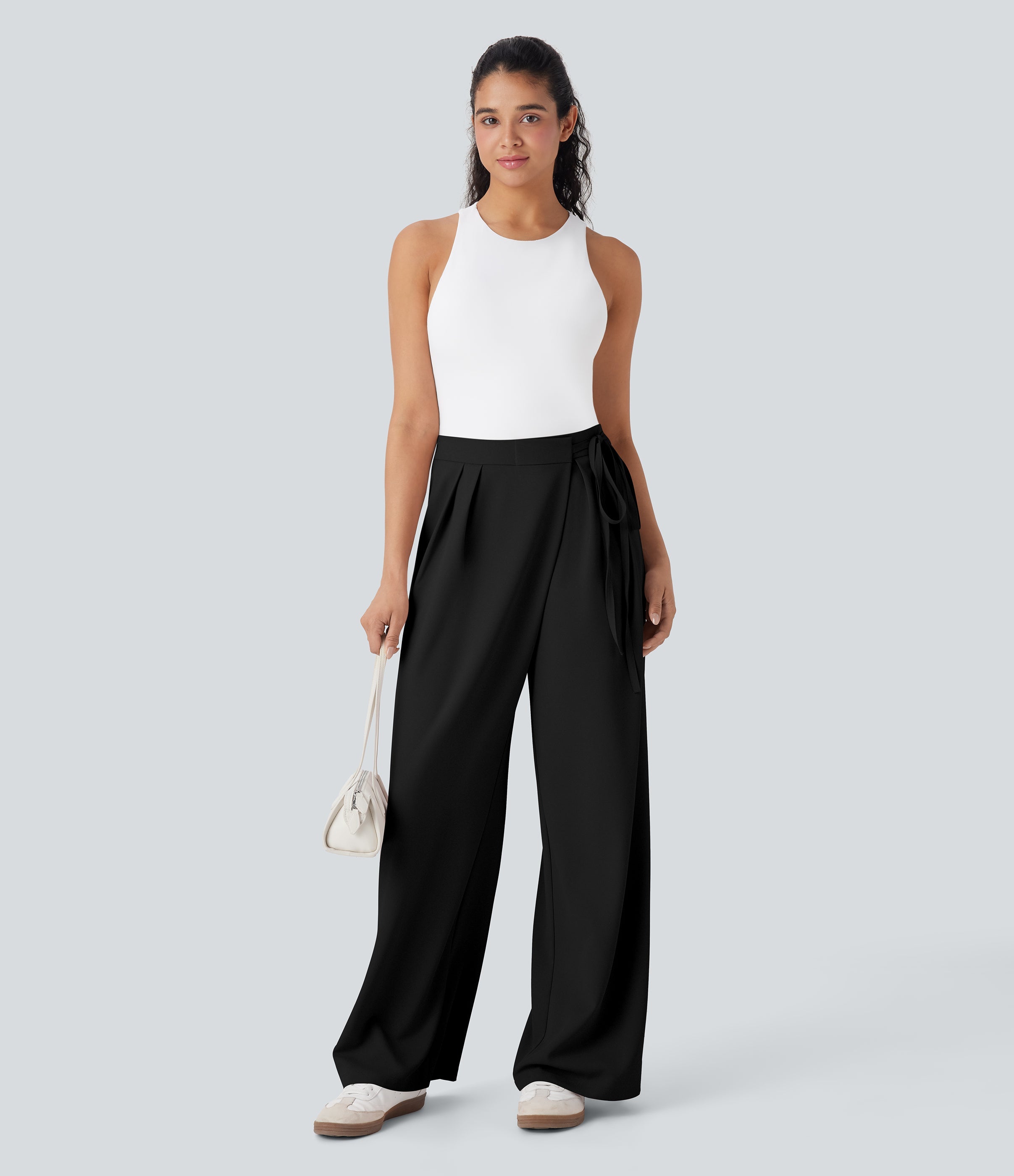 High Waisted Tie Side Wide Leg Work Pants with Pockets