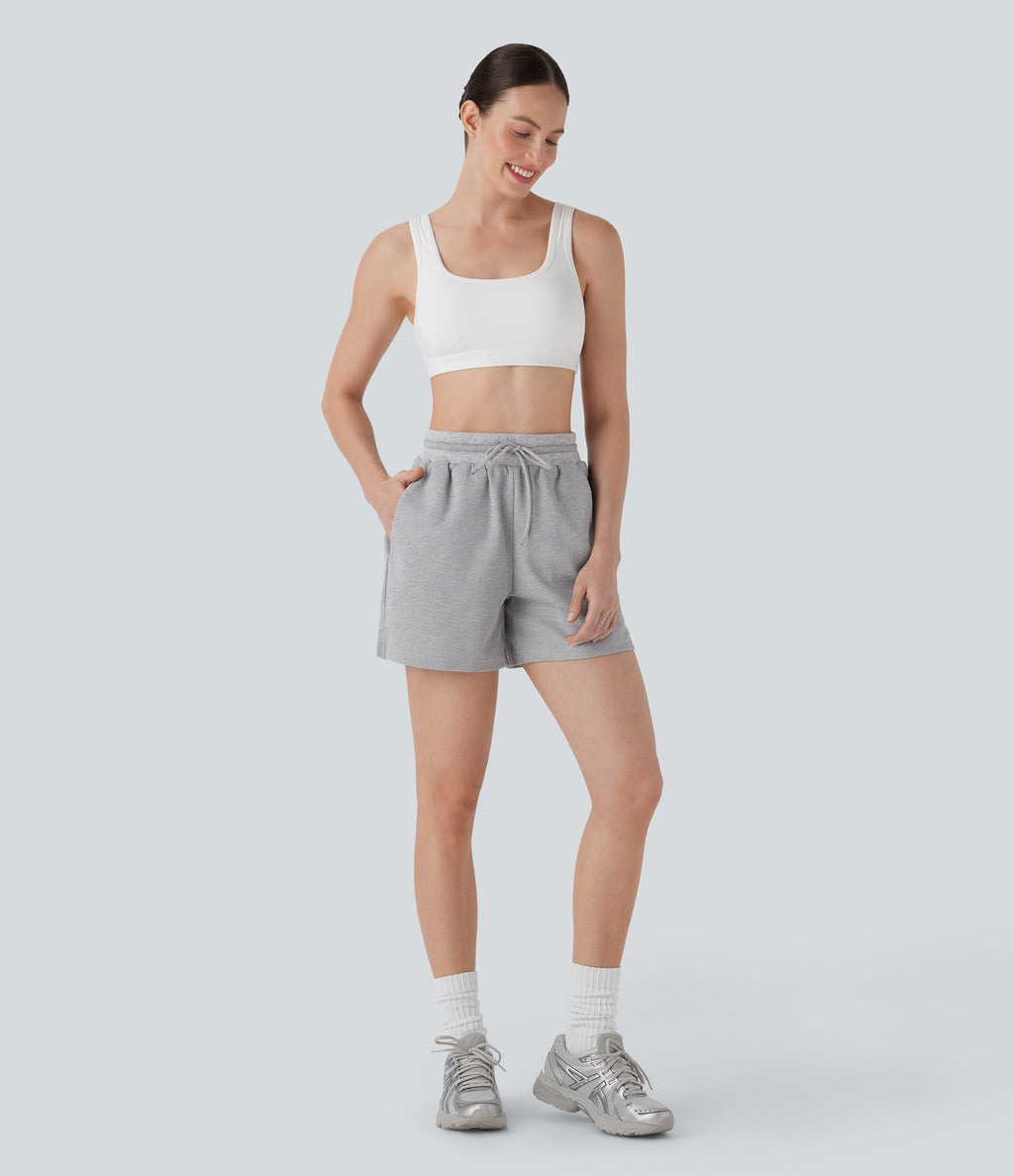 High Waisted Drawstring Waffle Yoga Shorts with Pockets