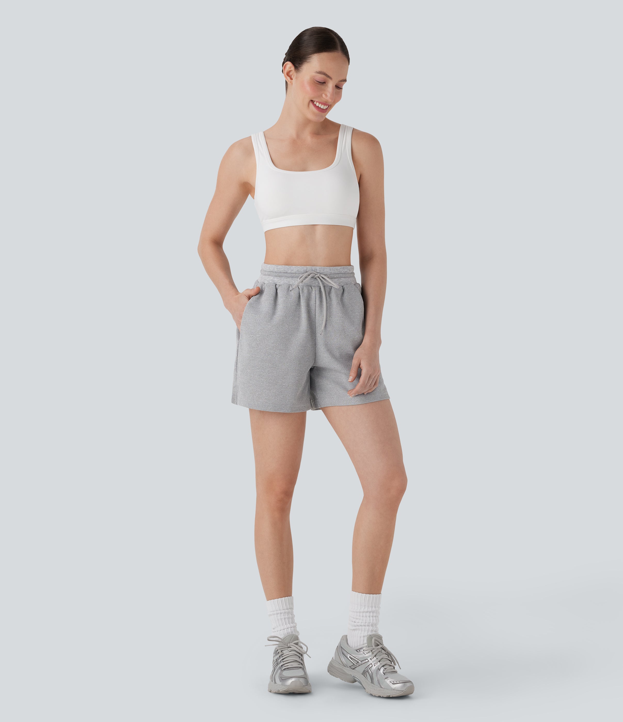 High Waisted Drawstring Waffle Yoga Shorts with Pockets