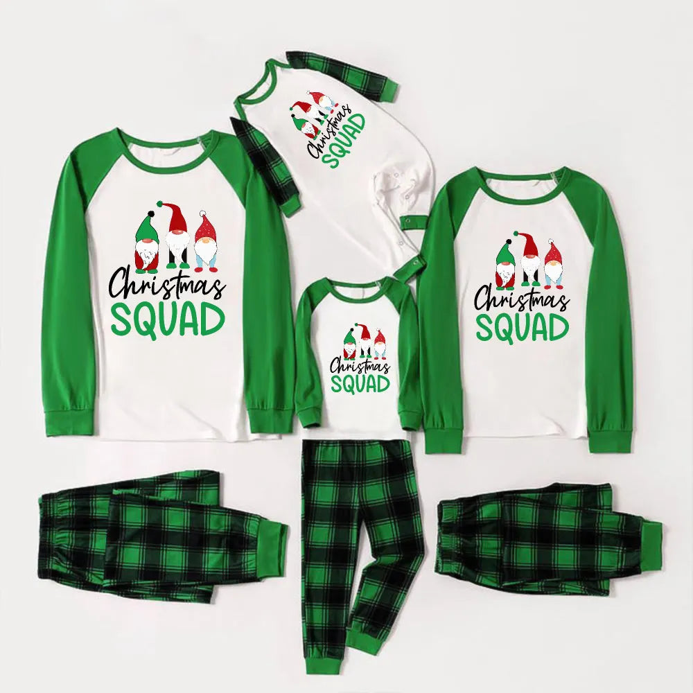Green Raglan Top Green Plaid Christmas Pajamas Set With Gnomes and  “Christmas SQUAD” Print