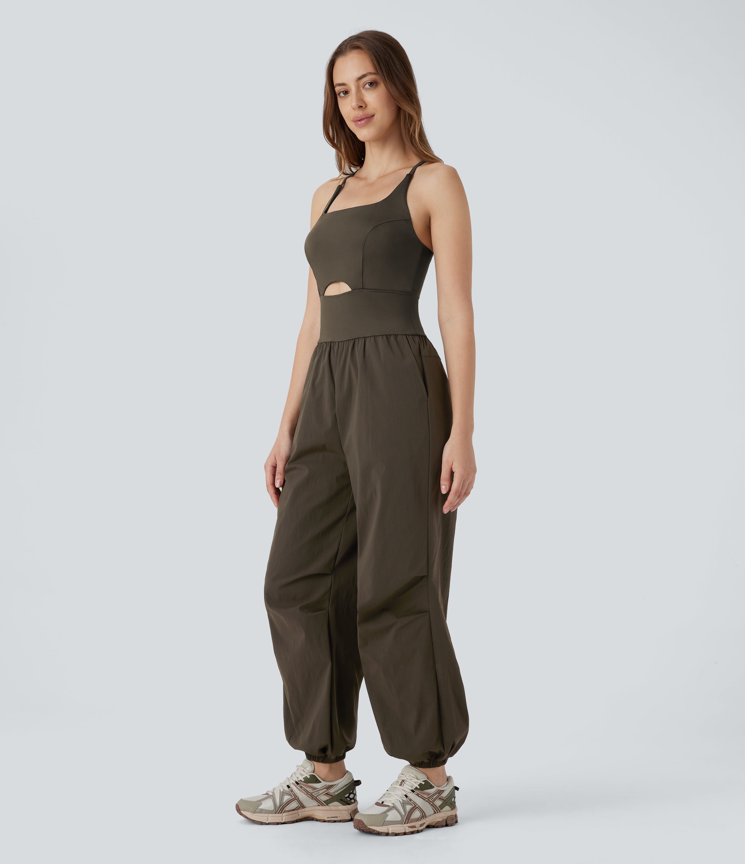 Water Repellent Crisscross Backless Side Pockets Ripstop Hiking Cargo Jumpsuit