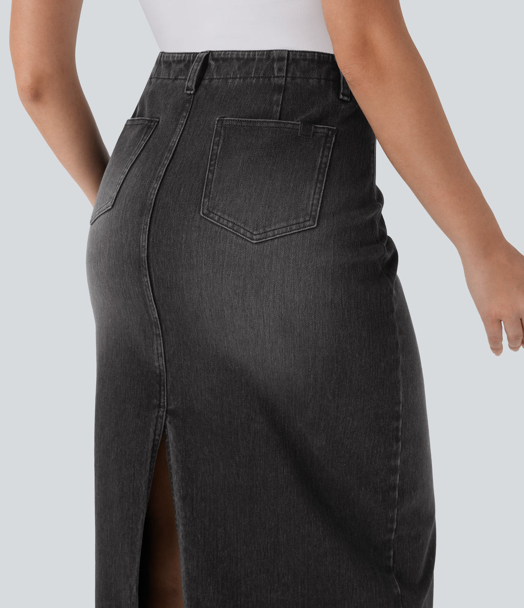 FlexTM Mid Rise Back Midi Washed Denim Casual Straight Skirt with Pockets