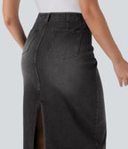 FlexTM Mid Rise Back Midi Washed Denim Casual Straight Skirt with Pockets