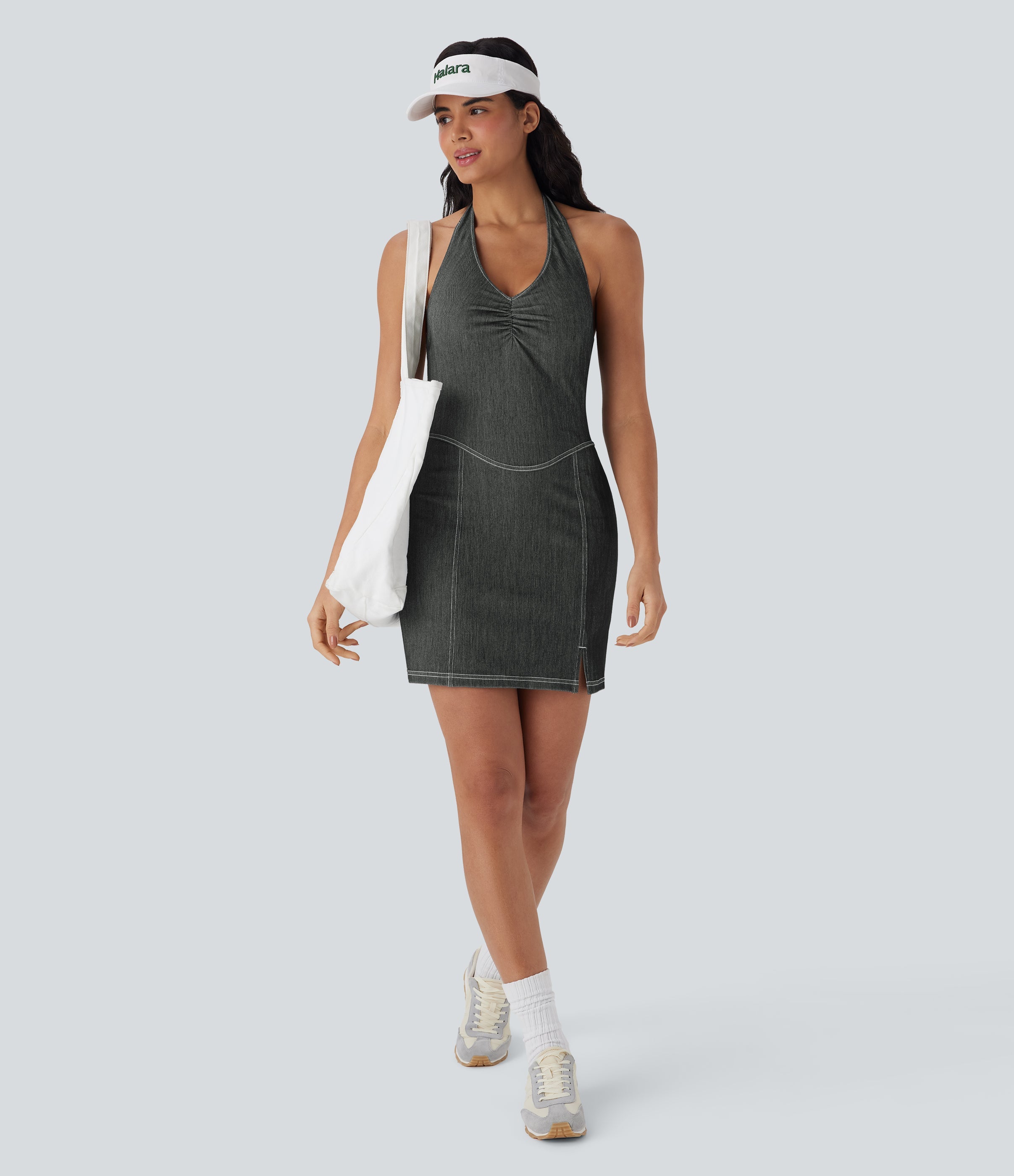 FlexTM Halter Bodycon 2-Piece Cool Touch Washed Denim Mini Tennis Active Dress with Pockets