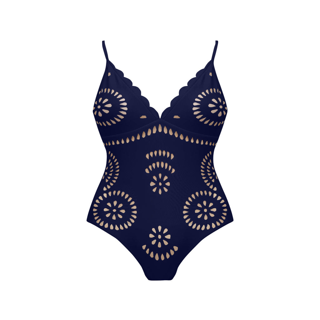 Blue Scalloped Hollow Sexy One-Piece Swimsuit&Skirt