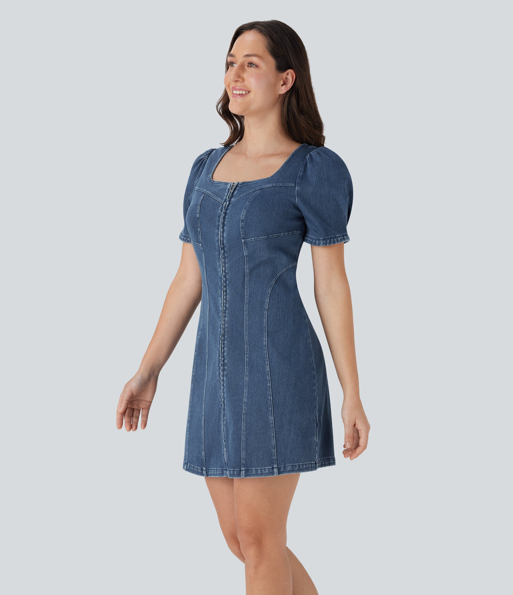 FlexTM Square Neck Short Sleeve Zipper Denim Mini Casual Dress