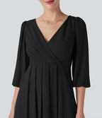 V Neck 3/4 Sleeve Pleated High Low Midi Casual Dress