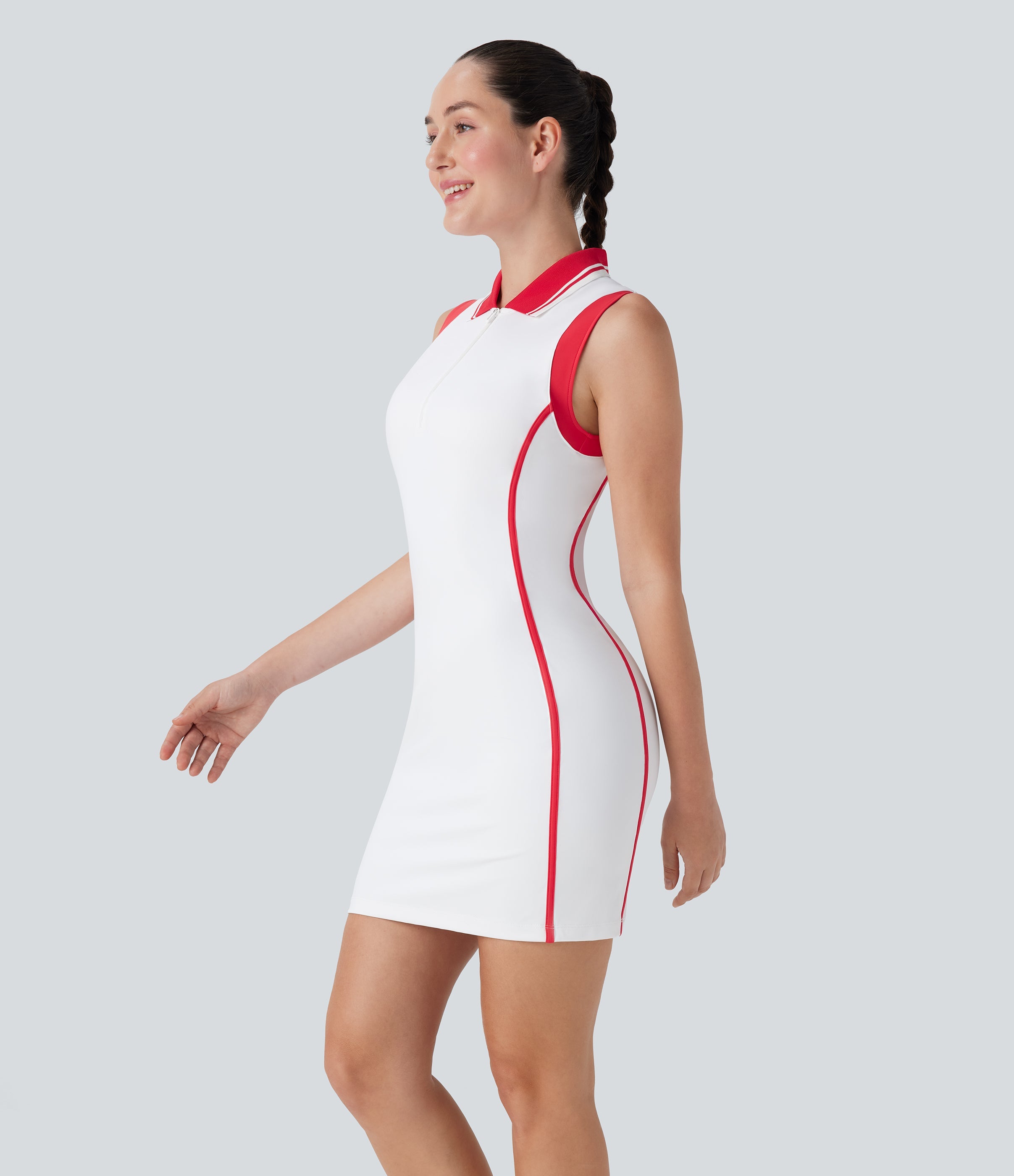 SoftlyZeroTM Airy Color Block Polo Zip Sleeveless Bodycon Cool Touch Mini Casual Dress-UPF50+