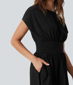 BreezefulTM Batwing Short Sleeve Flowy Quick Dry Mini Work Dress with Pockets