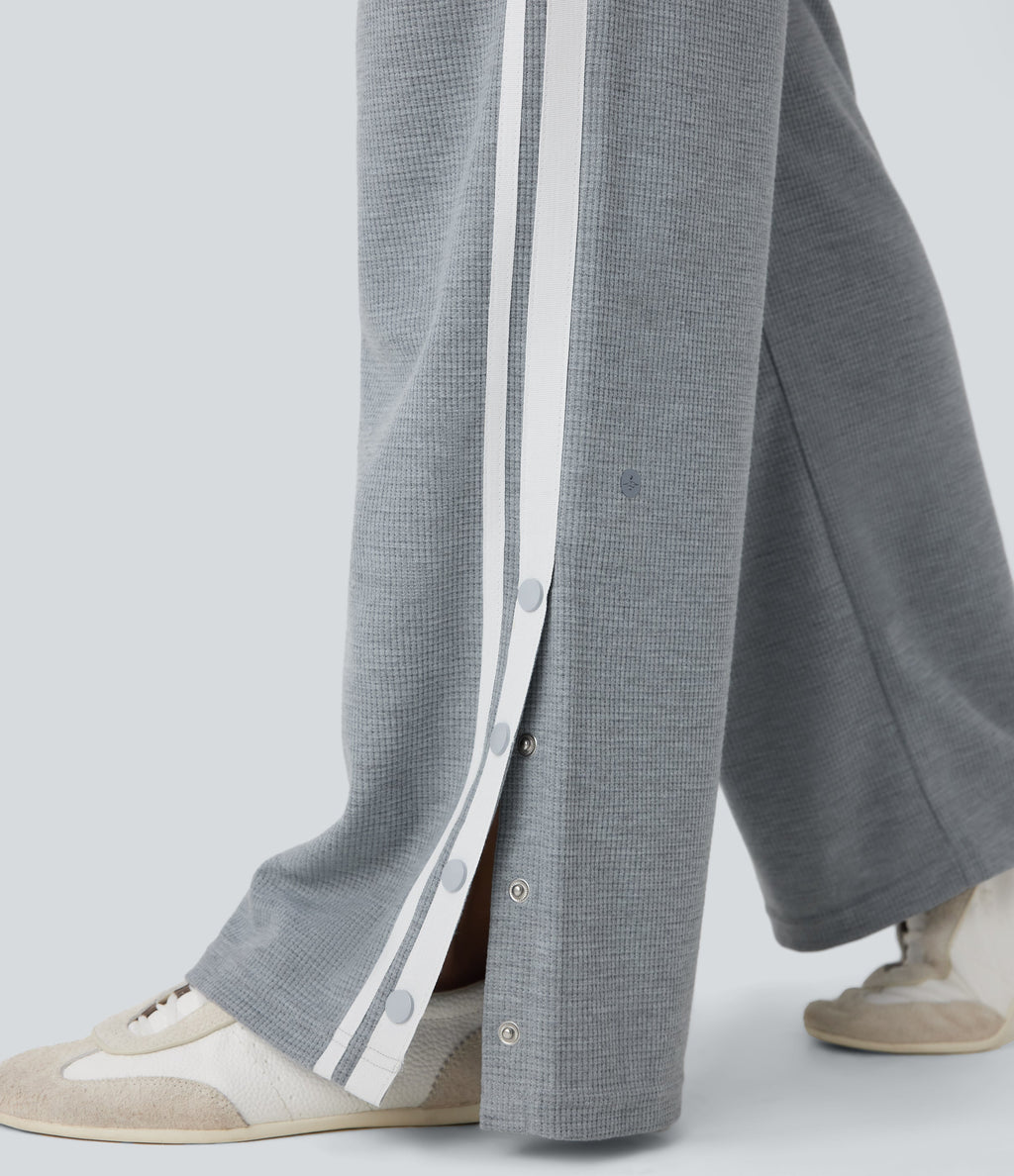 Low Rise Drawstring Color Block Snap Waffle Casual Wide Leg Pants with Pockets