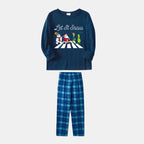 Navy & Sky Blue Plaid Christmas Pajamas Set with Santa Claus and Cartoon Pattern Print