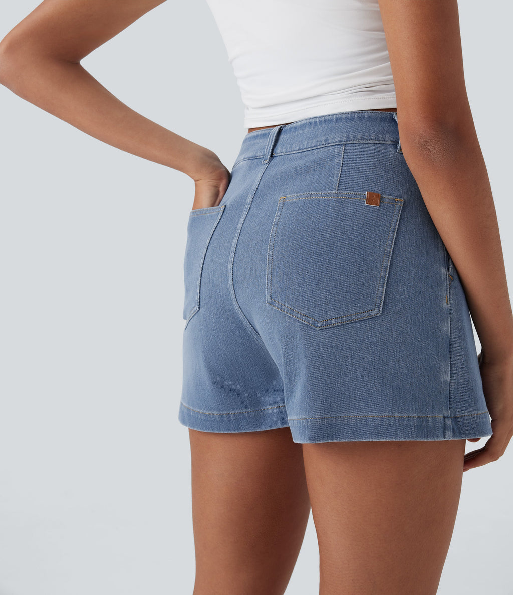 FlexTM High Waisted 2-in-1 Washed Stretchy Knit Denim Casual A-line Skort with Pockets