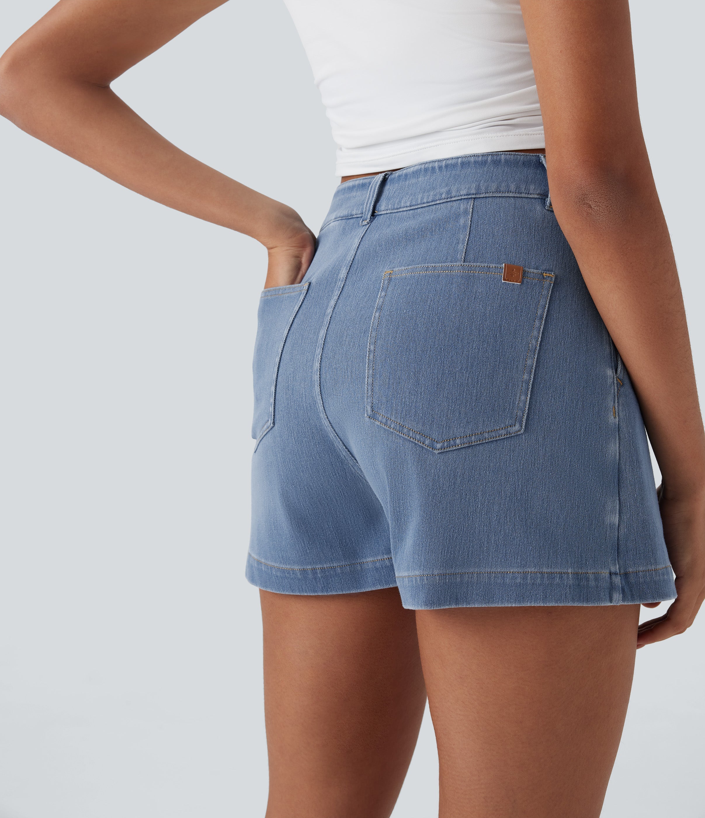 FlexTM High Waisted 2-in-1 Washed Stretchy Knit Denim Casual A-line Skort with Pockets