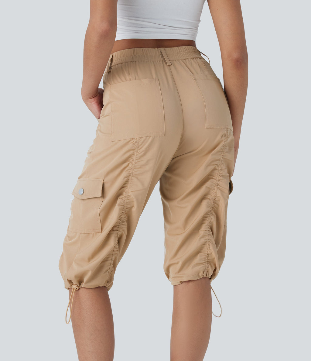 Mid-Rise Ruched Cargo Quick-Dry Casual Pedal Pusher Pants with Pockets