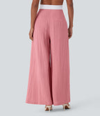 High Waisted Linen-Feel Work Wide Leg Pants with Pockets